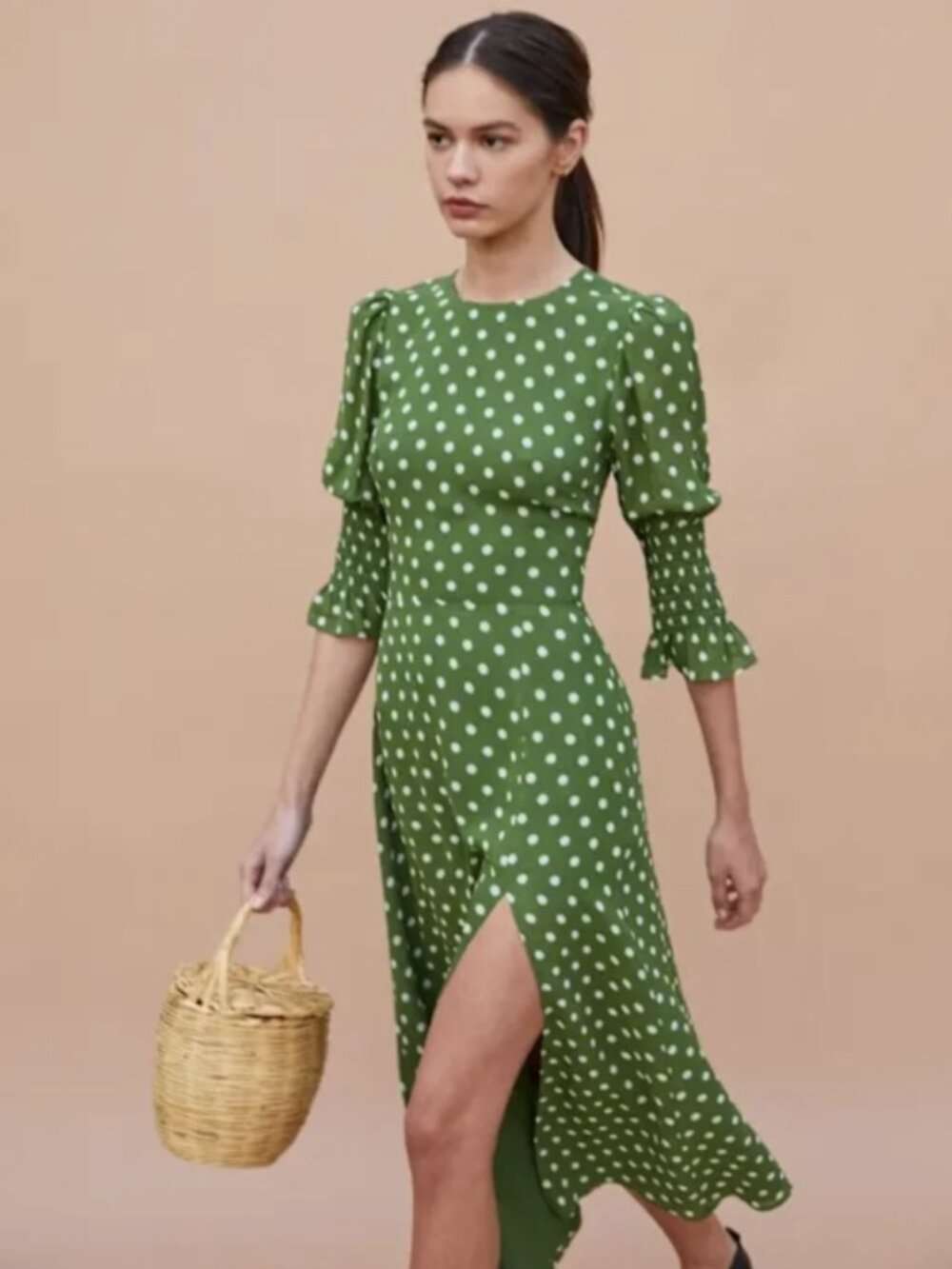 Reformation Carolena Green Polka Dot Smocked Sleeve Midi Dress 0